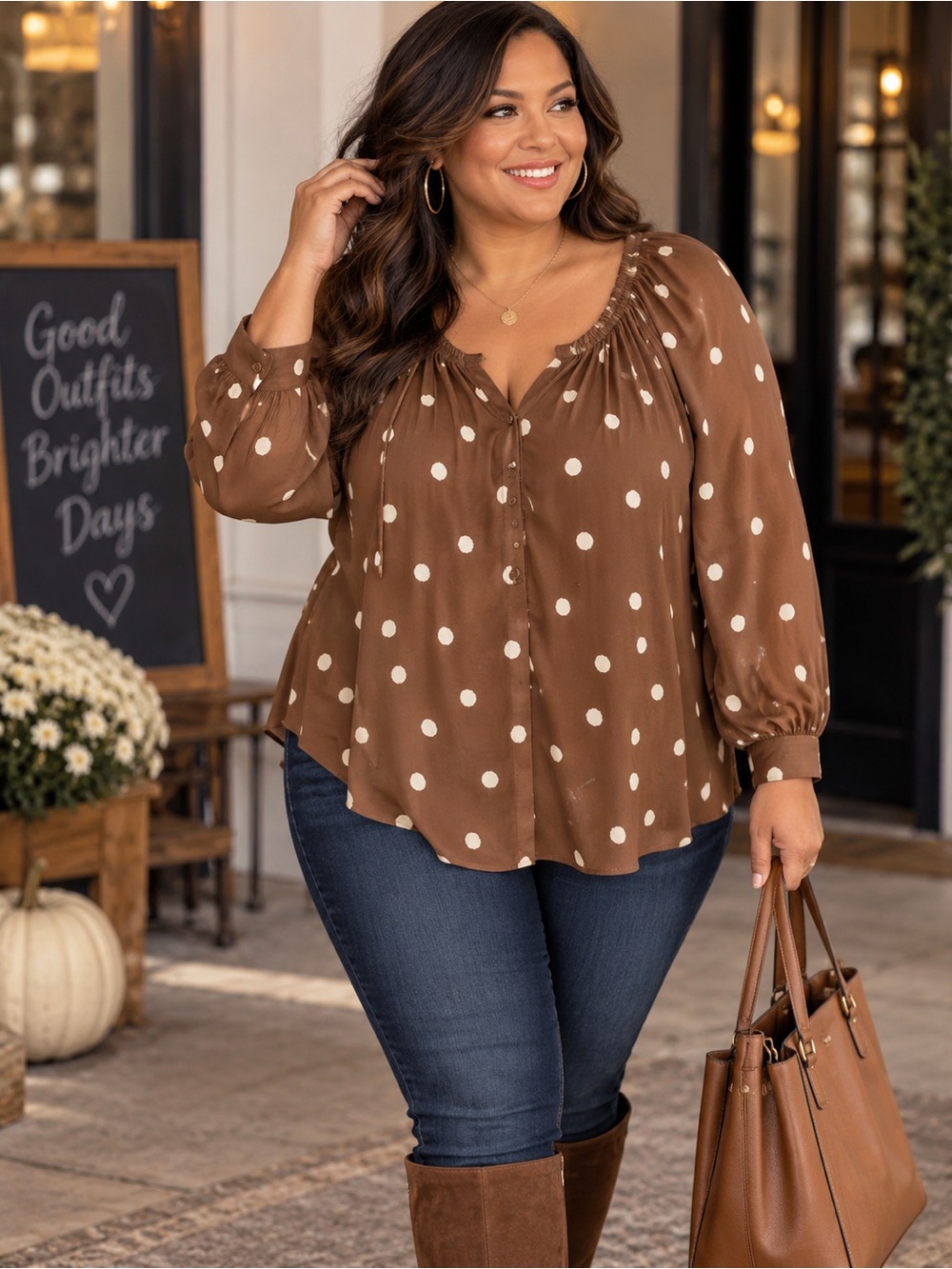 LC Lauren Conrad Plus Size Brown Polka Dot Blouse Shirred Neck Fall Boho Chic